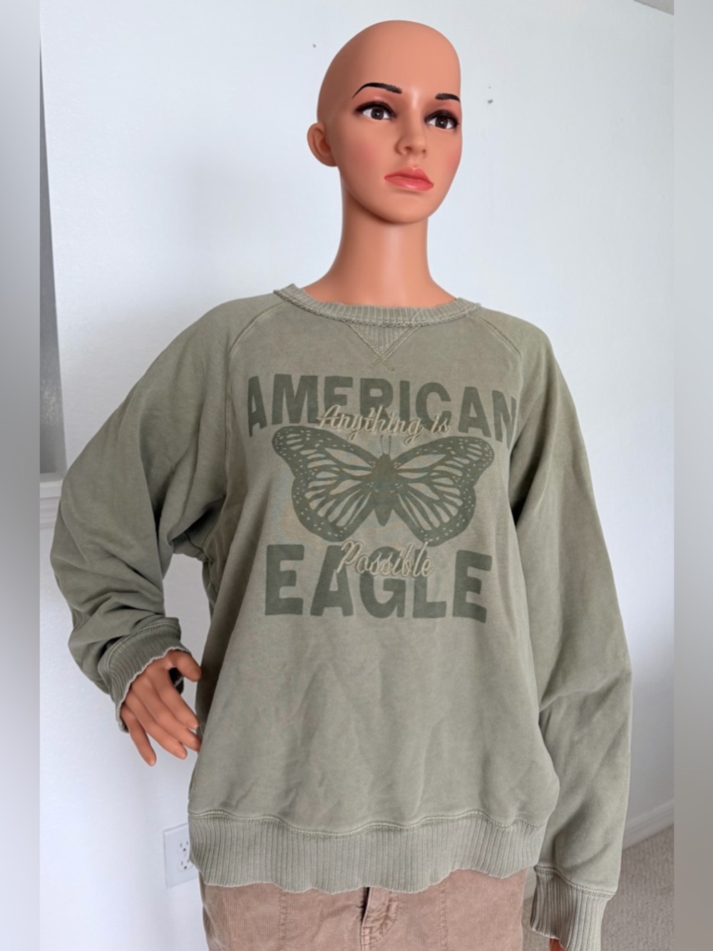 American Eagle Outfitters Olive Graphic Butterfly Crewneck